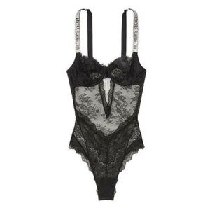Victoria's Secret Black Lace Rhinestone Strap Unlined Bodysuit